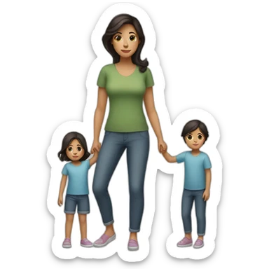 mother and 2 child with dark hair5 and white skin full length sticker