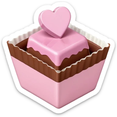 Two square milk chocolate , Each praline is a sharp-edged cube with smooth glossy chocolate coating, placed in a small white fluted paper candy cup. On top of each cube is a flat pastel pink heart-shaped icing sticker