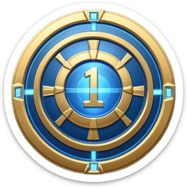Futuristic achievement medal badge, circular shield emblem with engraved Roman numeral I and subtle “12M” detail, metallic gold and deep blue glow, sci-fi web3 game UI style, polished 3D game asset, soft energy aura, dark background, centered composition, high detail sticker