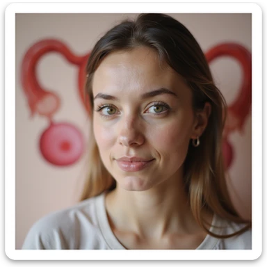 close-up of a woman with PCOS, background with stylized illustration of ovaries with large, bright oocytes, positive atmosphere, light colors, realistic photography or medical art sticker