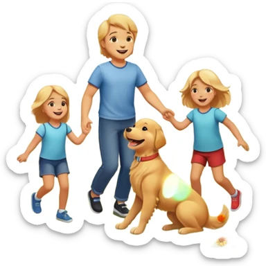 A Golden Retriever playing with children in a park, joyful interaction, warm sunlight, natural smiles, photorealistic family scene. sticker