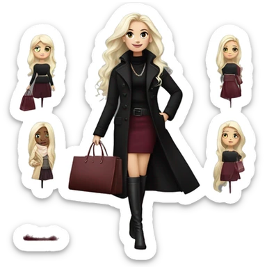 Platinum blonde girl with long hair, made up, wears very long black coat, black knee high boots. Burgundy coloured skirt & black sweater. Burgundy coloured small oval pocket in the left hand & in the right hand shopping bags. Wears a lot of jewellery. sticker