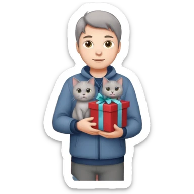 man houd kat vast en staat op dak met cadau`s sticker