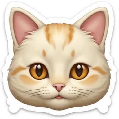 Cream cat face with short hairs, brown eyes and a neck sticker