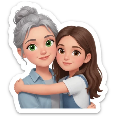 MUJER JOVEN, PELO GRIS, MOÑO INFORMAL DESPEINADO, OJOS VERDES  Y CARA OVALADA ABRAZA A NIÑA ADOLESCENTE MORENA PELO LARGO sticker