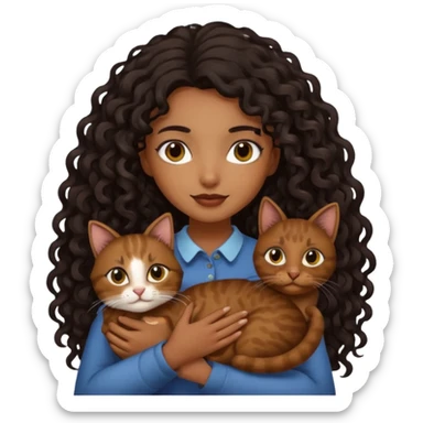 Brown skinned girl with long curly black hair holding brown cat  sticker