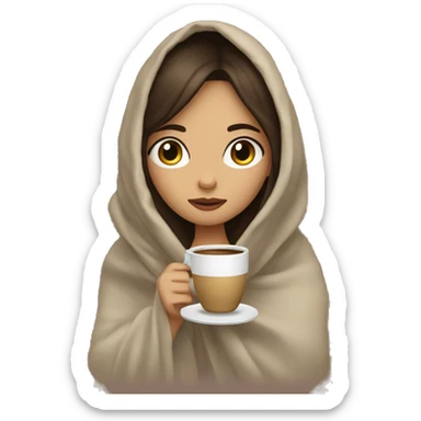 girl inside a blanket sipping coffee eyes closed, make her pale and with dark brown hair sticker