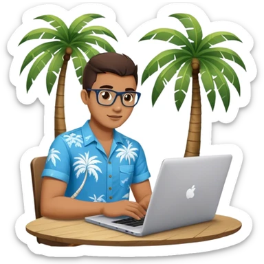 A digital nomad in bali working on a laptop wearing a tropical blue shirt with a palm tree on the side sticker