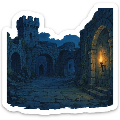 Midnight castle ruins torchlit courtyard sticker