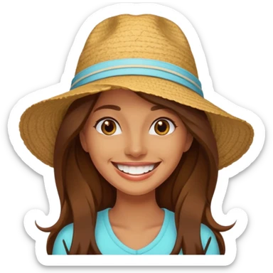 woman with long brown hair on vacation, happy and smilling with theeth and a hat sticker