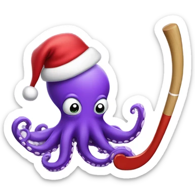 purple octopus wearing red santa hat, holding a hockey stick sticker