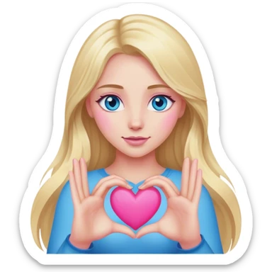 Cinematic realistic blonde with long hair and blue eyes shows her pink heart with her hands sticker