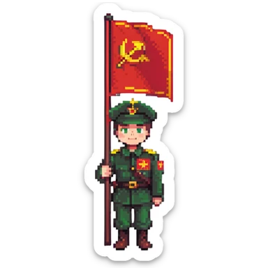 military boy in Soviet green uniform holding a red flag with "9 мая" sticker