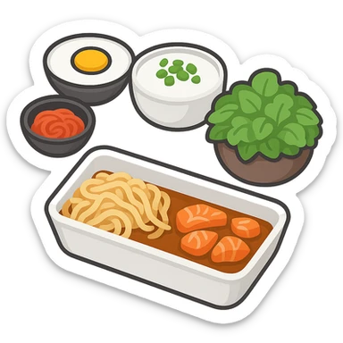 Remove the background and make this into a clean, standalone icon of the Korean food set. Keep the food and bowls, no background. The style should be clean and icon-like, suitable for a Korean food icon set. sticker