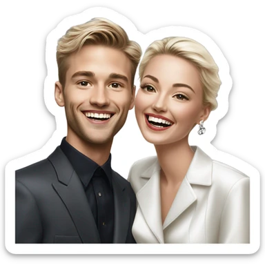 Hyper Realistic beautiful dior model laughing with a handsome male model  sticker