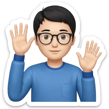 3D avatar of a Korean male frontend developer,
soft friendly expression,
short black hair with middle part,
one hand raised as if explaining,
clean and minimal style sticker