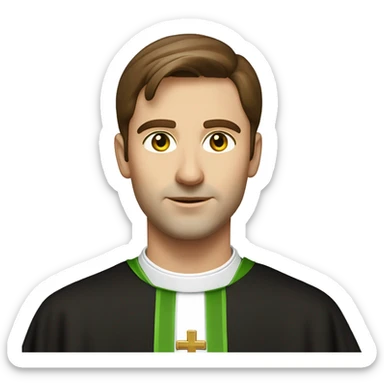 Front view Head and shoulders of a handsome catholic priest with brown hair and light green eyes wearing a clerical collar sticker