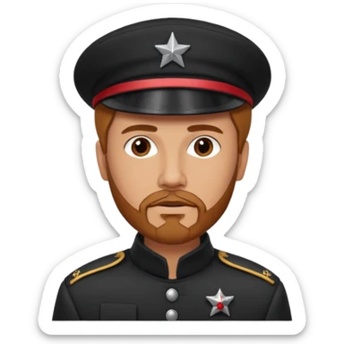 A full body tall guy with a red goatee. He wears a black military barret dressed like a star wars smuggler  sticker