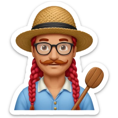 venice gondolier with long red braided hair, iconic hat, normal glassess and mustache sticker