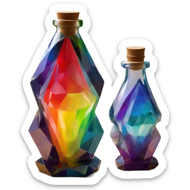 symbolic all-energies in a bottle sculpture symbolizing chromatic light with a geometric, faceted design. The bottle is standing upright with angular and baroque features. The vibrant rainbow of colors highlights the sharp edges and planes.  sticker