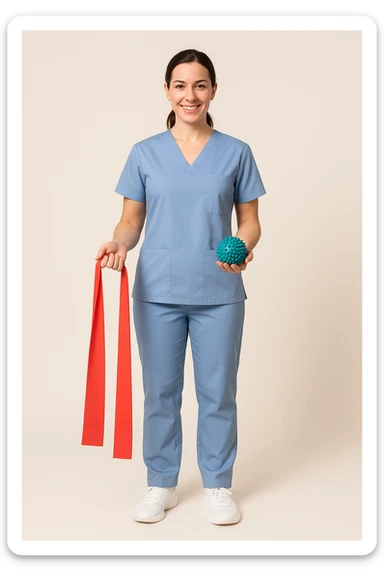 full body physiotherapist in healthcare clothing, with physiotherapy tools, simple background sticker