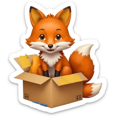 fox with a mischievous grin sitting in a cardboard box sticker