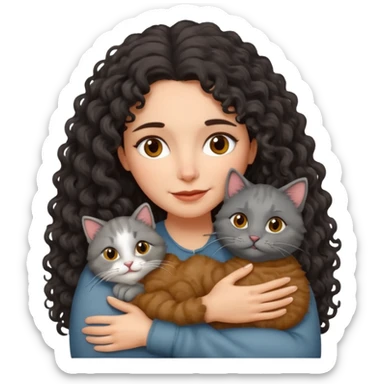 Mature Spanish girl with long dark curly hair and hugging a grey fluffy cat sticker
