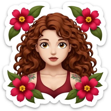 portrait woman long curly brown hair brown eyes white skin tattoos muscular build inside flower petals frame sticker