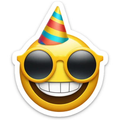 yellow, circle, smile, with party hat on, wearing colorful sunglasses sticker