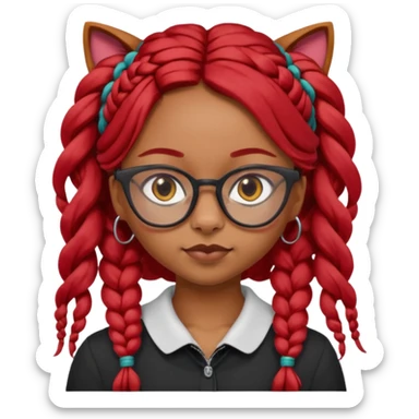 Dark Tan girl with long red plaits and red trimmed cat eye glasses head neck and shoulder shot only sticker