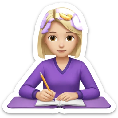 girl sitting, writing in a notebook, blond hair, dressed in purple clothes sticker