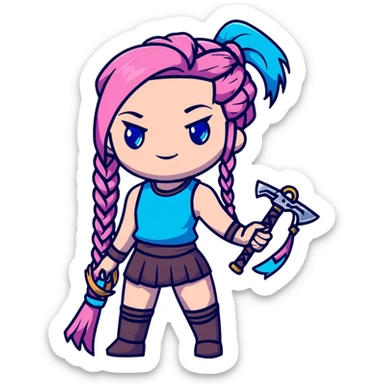 Jinx from League of Legends with long blue braids, pink eyes, and weapons sticker