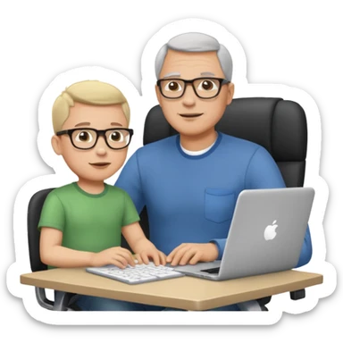 Middle aged man with glasses working at his desk, with his child sitting behind him on the headrest of his chair looking at his computer sticker