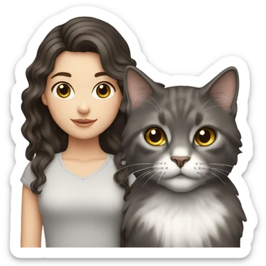 A White girl with wavy dark brown hair and a grey cat sticker