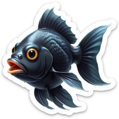 Cinematic Comical Black Goldfish Portrait Emoji, Head tilted dramatically with an exaggeratedly amused expression, featuring a striking, glossy deep black body with vibrant, fluttering fins, wide, expressive golden eyes filled with playful disbelief, Simplified yet hilariously expressive features, highly detailed, glowing with a slightly sassy glow, high shine, dramatic yet playful, stylized with an air of cheeky mischief, bright and endearing, soft glowing outline, capturing the essence of a spirited and over-the-top goldfish, so meme-worthy it feels like it could side-eye its way into internet fame instantly! sticker