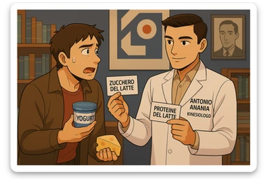 fai un webtoon manga a colori con questo stile, in cui un uomo fa una domanda al kinesiologo con il camice bianco (fagli anche la scritta "ANTONIO ANANIA" SUL CAMICE, l'uomo chiede una cosa mostrando un formaggio e uno yogurt al kinesiologo con il camice, IL KINESIOLOGO annuisce e SPIEGA ALL'UOMO UNA cos. L'UOMO ha un ESPRESSIONE CONFUSA IN VOLTO. non fare i fumetti però, fai solo in modo che sembri stiano parlando sticker