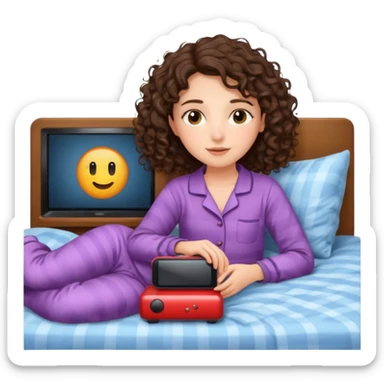 Draw a brunette girl with shoulder-length curly hair, lying on the bed watching TV.  sticker
