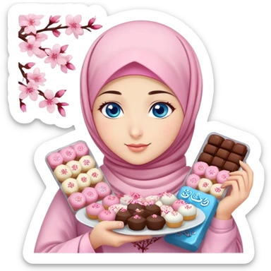 Turkish beautiful finish Konya girl blue eyes with cherry blossom hijab islamic dress and had on her hand text Eid Mubarak with sweets and celebrating with her friends eid days   sticker