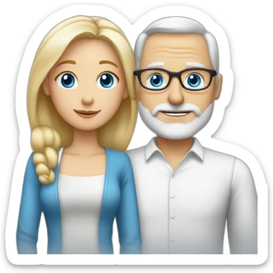 Blonde woman with blue eyes marries an older man with blue eyes, glasses without hair and a gray beard sticker