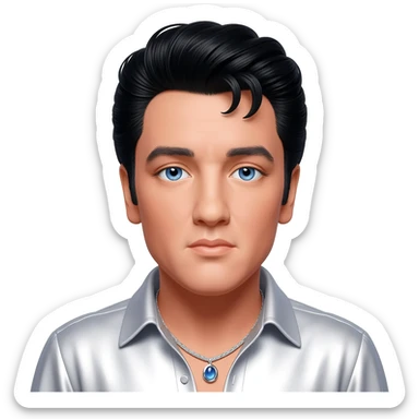 Elvis Presley with blue eyes, black hair, white metallic shirt, silver necklace sticker