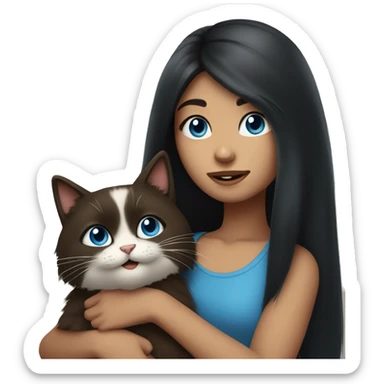 girl with long black hair holding a furry and cute blue eyed brown cat sticker