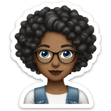 Black curly Hair girl with a white crop top on and blue eyes with natural lashes and glasses with lip gloss on her lips lightskin looking forward. sticker