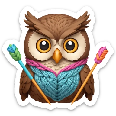 knitting owl portrait, head and shoulders only, cute owl holding knitting needles and yarn, cozy expression, warm handmade vibe, soft feathers, 3D cartoon style, mobile game icon style, clean background, no text, no watermark
 sticker