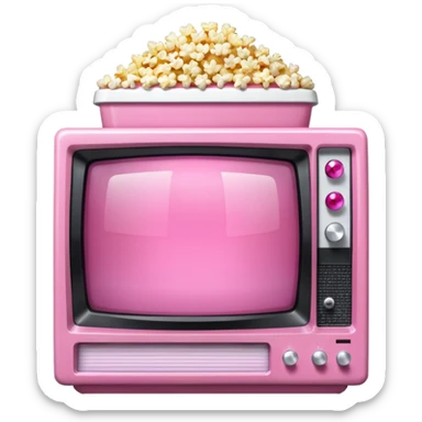 front view of transparent sparkly pink shiny CRT TV sitting on top of pink VCR, with pink/white rhinestone bucket of popcorn sitting next to it sticker