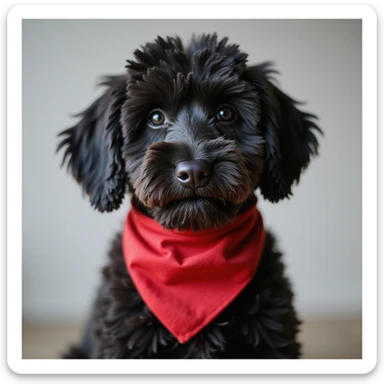 photorealistic black doodle dog wearing a red bandana, accurate details, neutral background sticker