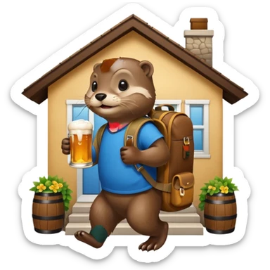 otter with a backpack holding a beer entering a house sticker