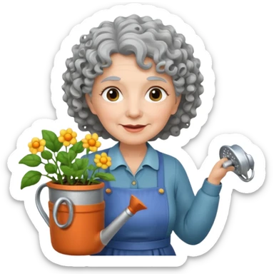 Older female florist – curly hair, hold garden watering pot sticker