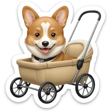photorealistic male corgi in a stroller, emoji style sticker