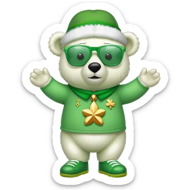 full body friendly anthropomorphised polar bear wearing oversized colorful star glasses, green hat, shamrock accessories, festive green shirt, green shoes, St. Patrick's Day sticker