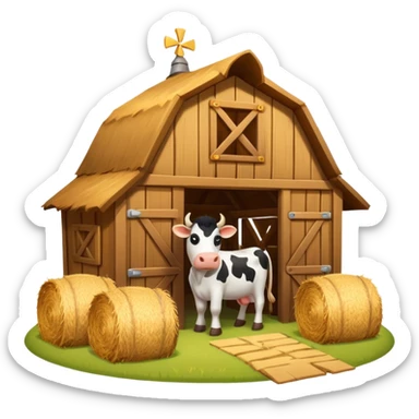cow barn object icon, wooden stable building, hay bales near entrance, warm light, farm style, 3D cartoon, mobile game icon style, centered, clean background, no text, no watermark
 sticker
